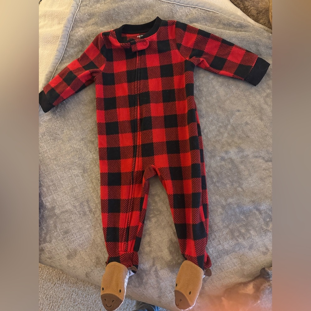Buffalo Plaid Fleece Sleeper / Moose Feet  (Size 12 months)